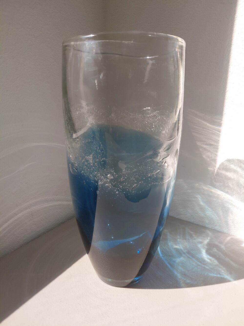 Ombre Blue Thick Glass Vase Mid Stripe Extended Bubbles Ocean Artistic Large MCM